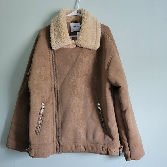 Topman Tan Jacket Men's Large Faux Shearling Borg Collar Aviator Buckle Coat NWT - Picture 1 of 12